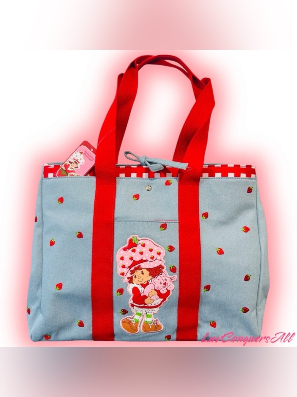 The World of Strawberry Shortcake Custard Embroidered Strawberry Denim Bag